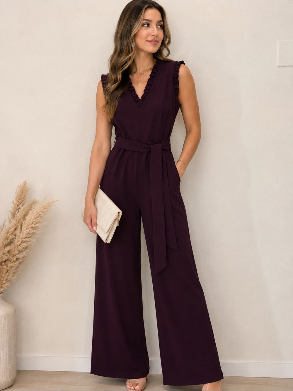 Calvin Klein Plum Ruffle V-Neck Sleeveless Wide-Leg Jumpsuit